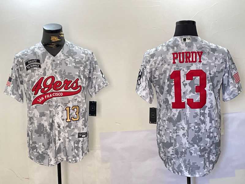 Men%27s San Francisco 49ers #13 Brock Purdy Arctic Camo 2024 Salute to Service Stitched Baseball Jerseys